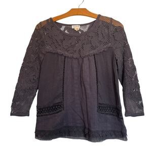Anthropologie Meadow Rue Eyelet Lace Cut Out 3/4 Sleeve Top Mixed Media Gauze XS